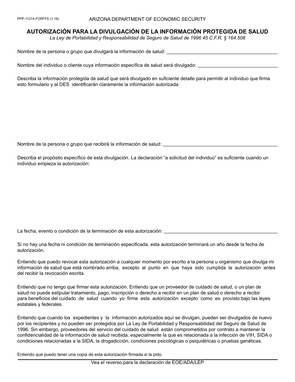 Formulario PPP-1127A FORFFS Autorizacion Para La Divulgacion De La Informacion Protegida De Salud - Arizona (Spanish), Page 1