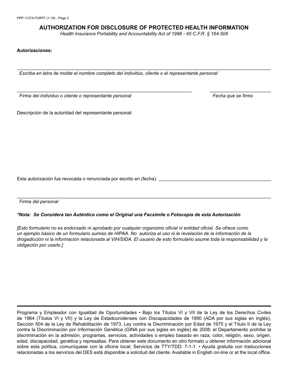 Formulario PPP-1127A FORFFS Autorizacion Para La Divulgacion De La Informacion Protegida De Salud - Arizona (Spanish), Page 2