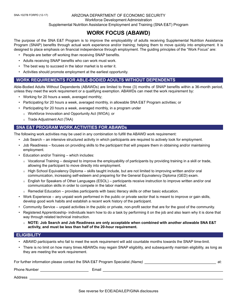Form SNA-1027B FORPD Work Focus (Abawd) - Arizona, Page 1