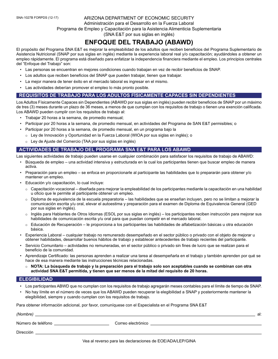 Form SNA-1027B FORPDS Enfoque Del Trabajo (Abawd) - Arizona, Page 1