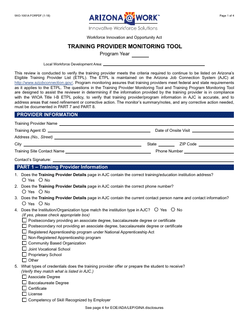 Form WIO-1061A FORPDF Training Provider Monitoring Tool - Arizona