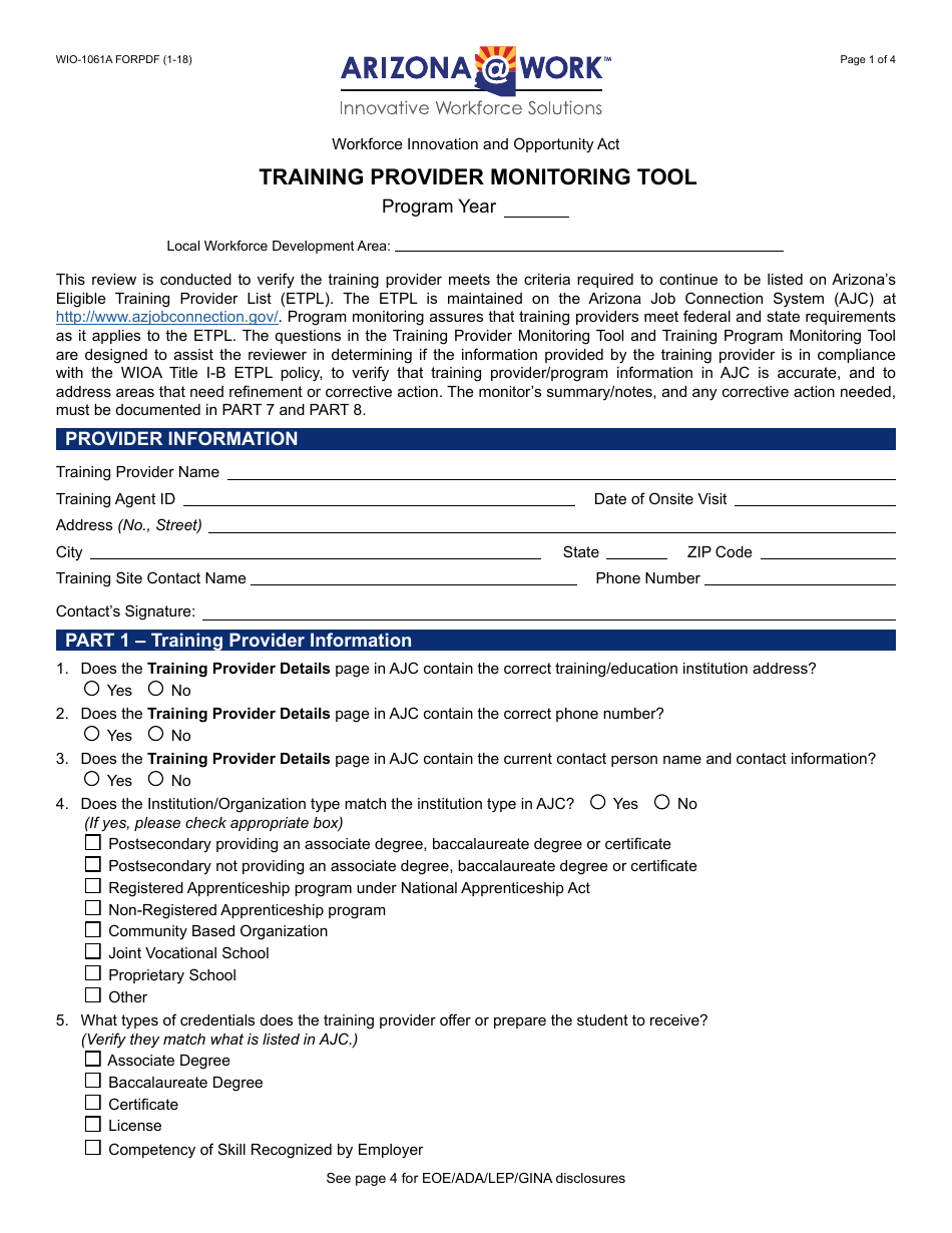 Form WIO-1061A FORPDF Training Provider Monitoring Tool - Arizona, Page 1