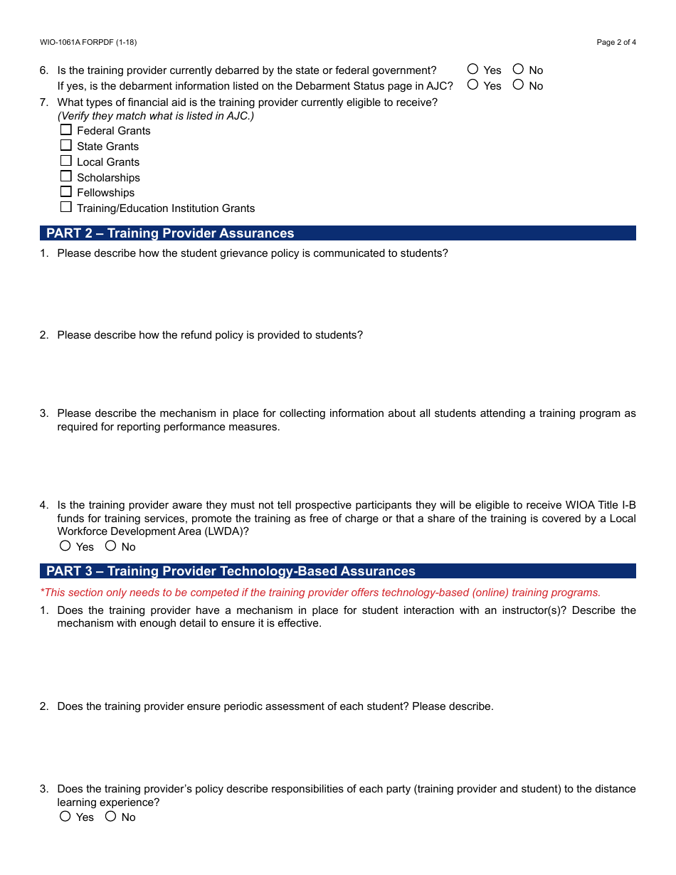Form WIO-1061A FORPDF Training Provider Monitoring Tool - Arizona, Page 2