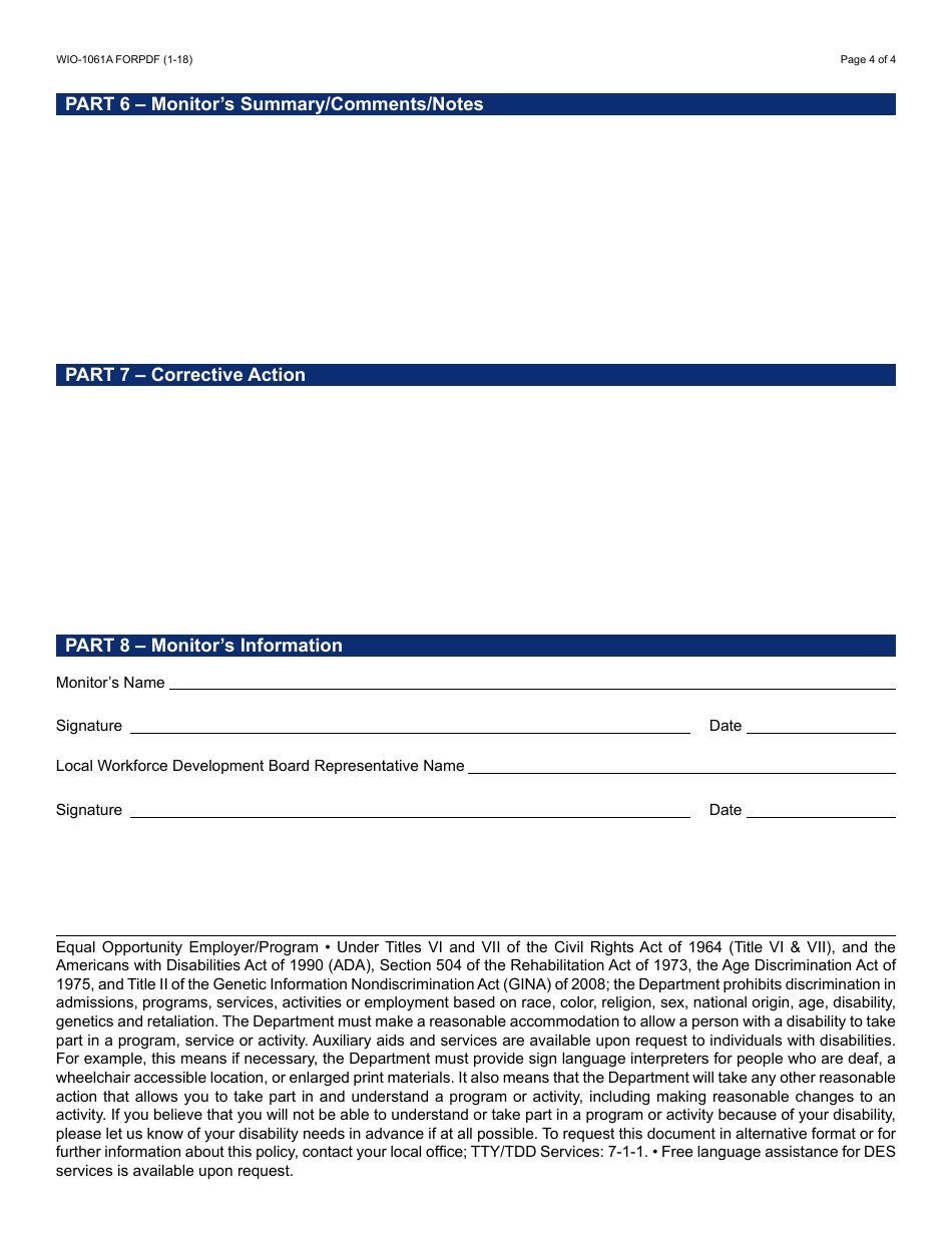 Form WIO-1061A FORPDF Training Provider Monitoring Tool - Arizona, Page 4