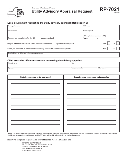 Form RP-7021 Utility Advisory Appraisal Request - New York