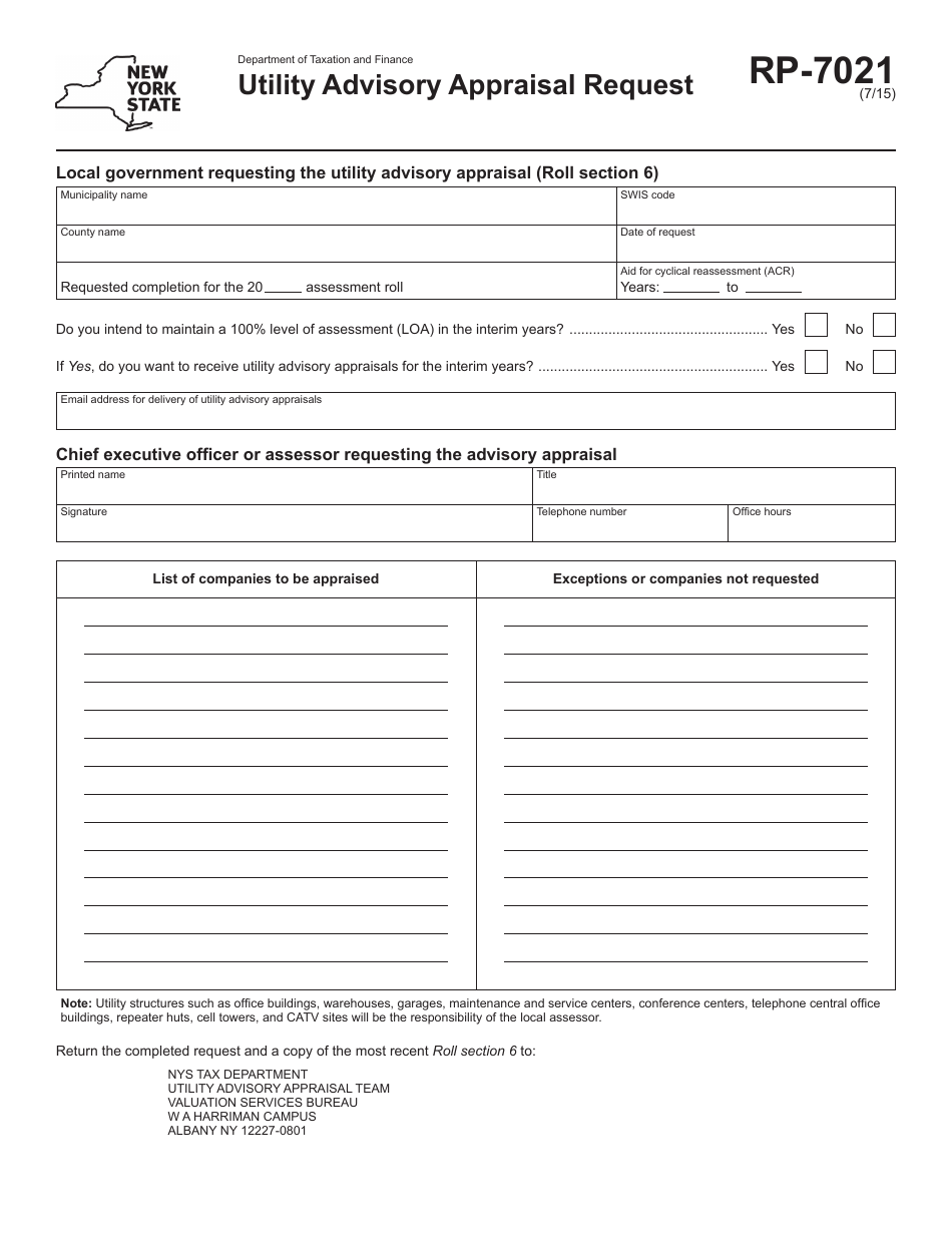 Form RP-7021 Utility Advisory Appraisal Request - New York, Page 1