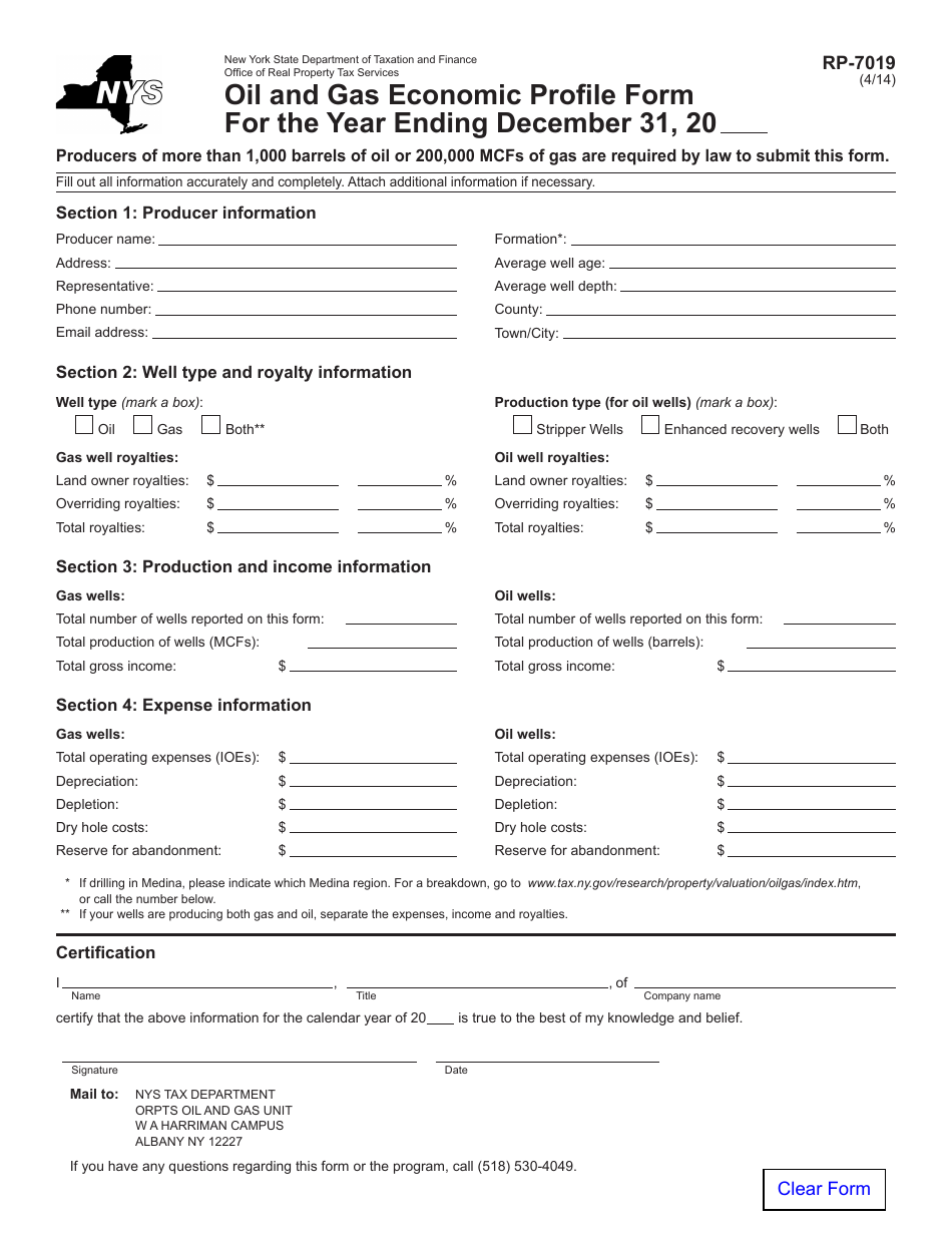 Form RP-7019 Oil and Gas Economic Profile Form - New York, Page 1