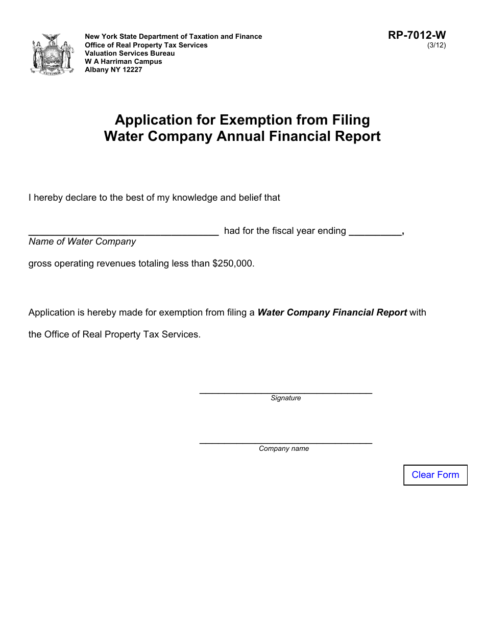 Form RP-7012-W Application for Exemption From Filing Water Company Annual Financial Report - New York, Page 1