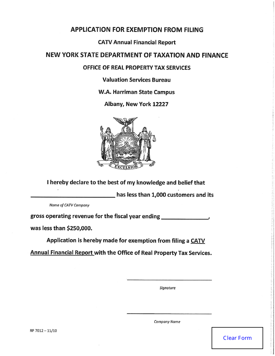 Form RP-7012 Application for Exemption From Filing Catv Annual Financial Report - New York, Page 1