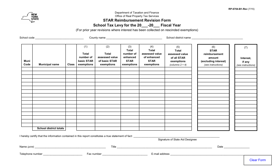 Form RP-6704-B1-REV Star Reimbursement Revision Form School Tax Levy - New York, Page 1