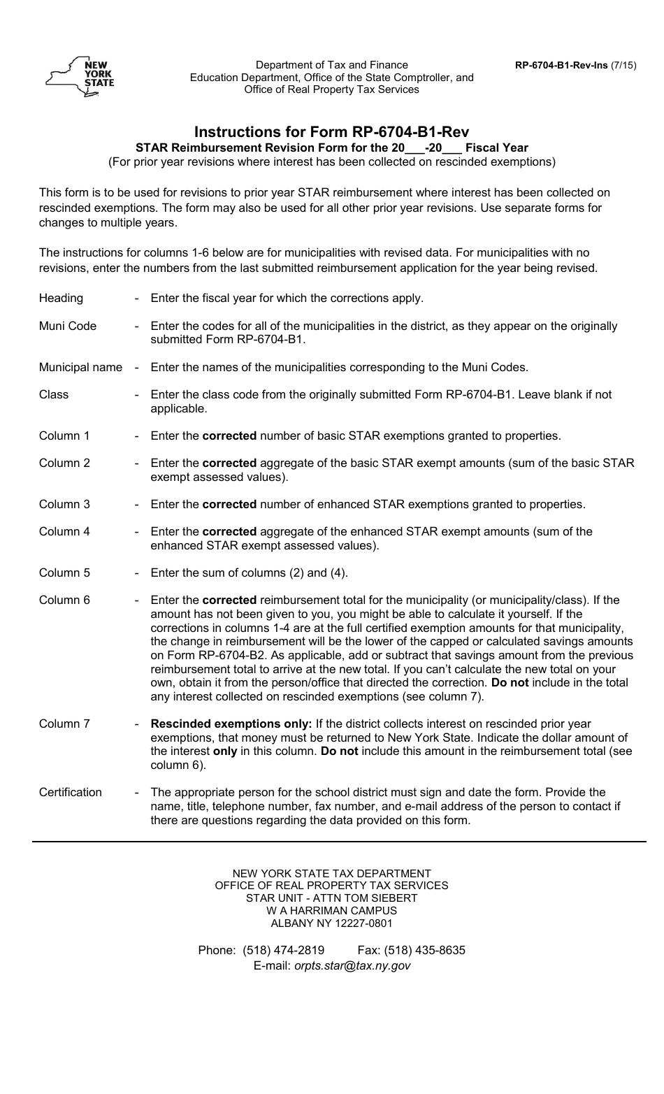 Form RP-6704-B1-REV Star Reimbursement Revision Form School Tax Levy - New York, Page 2