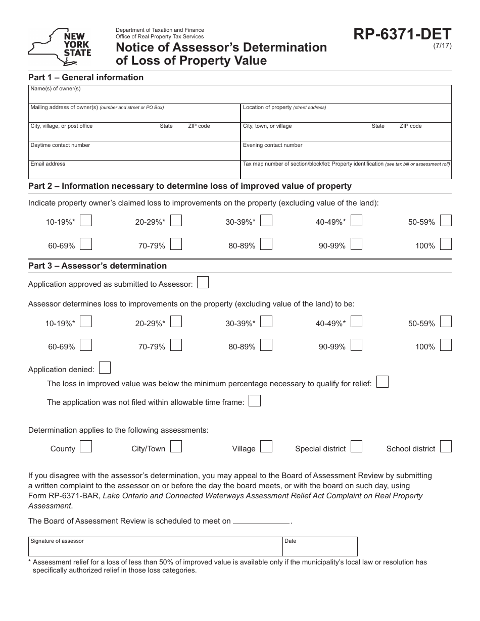 Form RP-6371-DET Notice of Assessors Determination of Loss of Property Value - New York, Page 1