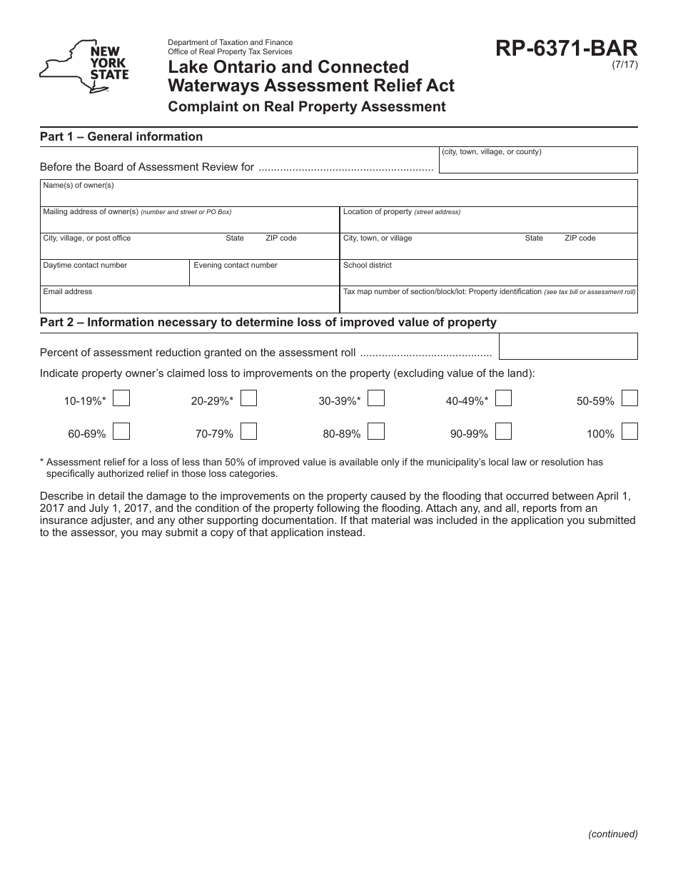 Form RP-6371-BAR Lake Ontario and Connected Waterways Assessment Relief Act Complaint on Real Property Assessment - New York, Page 1
