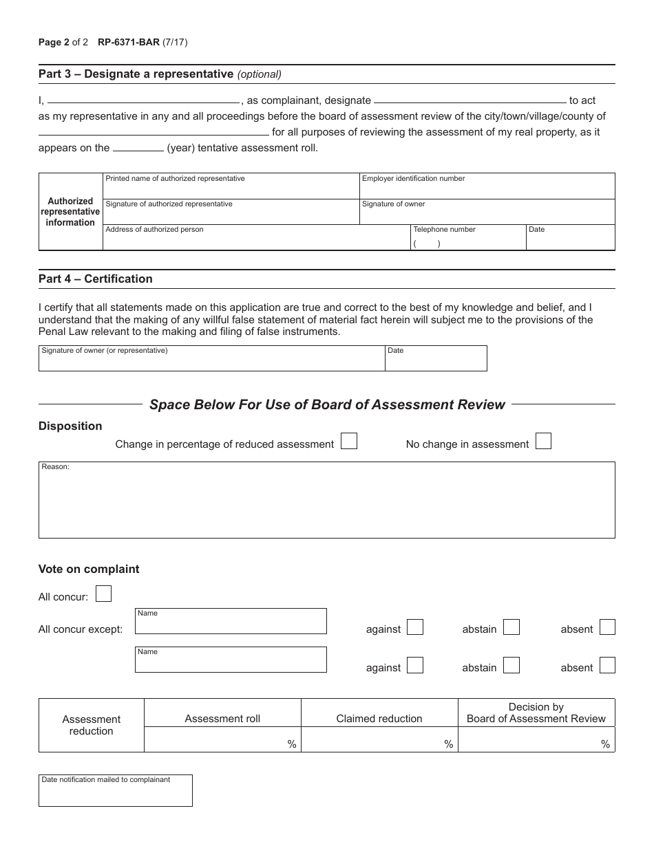 Form RP-6371-BAR Lake Ontario and Connected Waterways Assessment Relief Act Complaint on Real Property Assessment - New York, Page 2