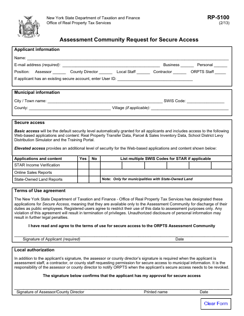 Form RP-5100 Assessment Community Request for Secure Access - New York