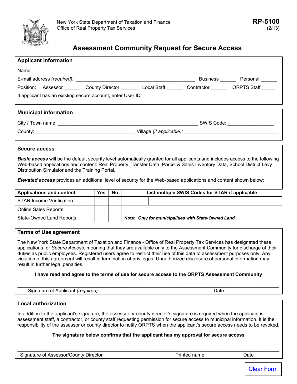 Form RP-5100 Assessment Community Request for Secure Access - New York, Page 1