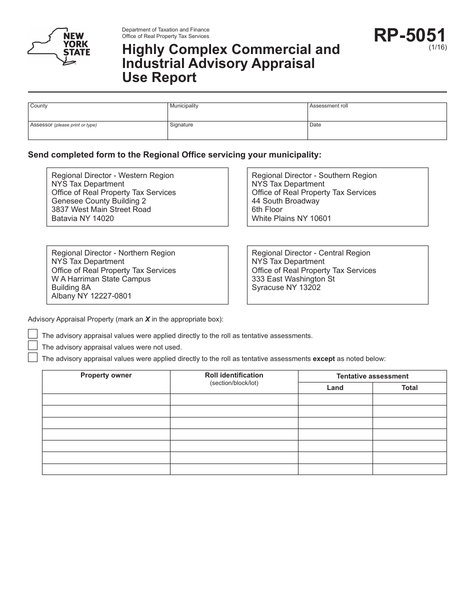 Form RP-5051 Highly Complex Commercial and Industrial Advisory Appraisal Use Report - New York, Page 1