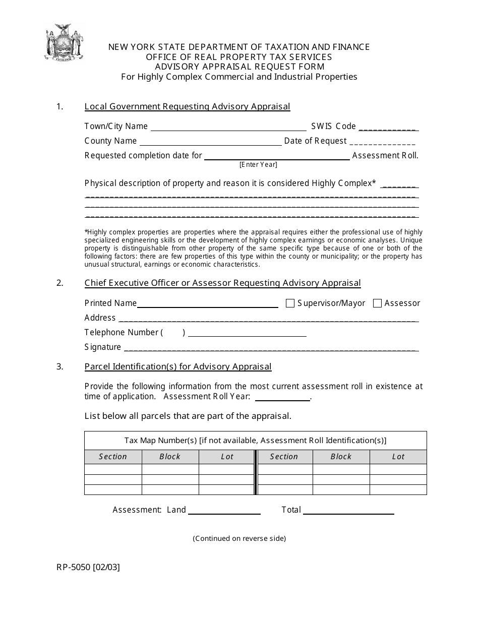 Form RP-5050 Advisory Appraisal Request Form for Highly Complex Commercial and Industrial Properties - New York, Page 1