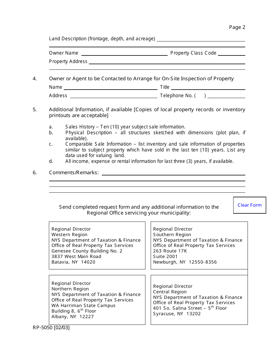 Form RP-5050 Advisory Appraisal Request Form for Highly Complex Commercial and Industrial Properties - New York, Page 2