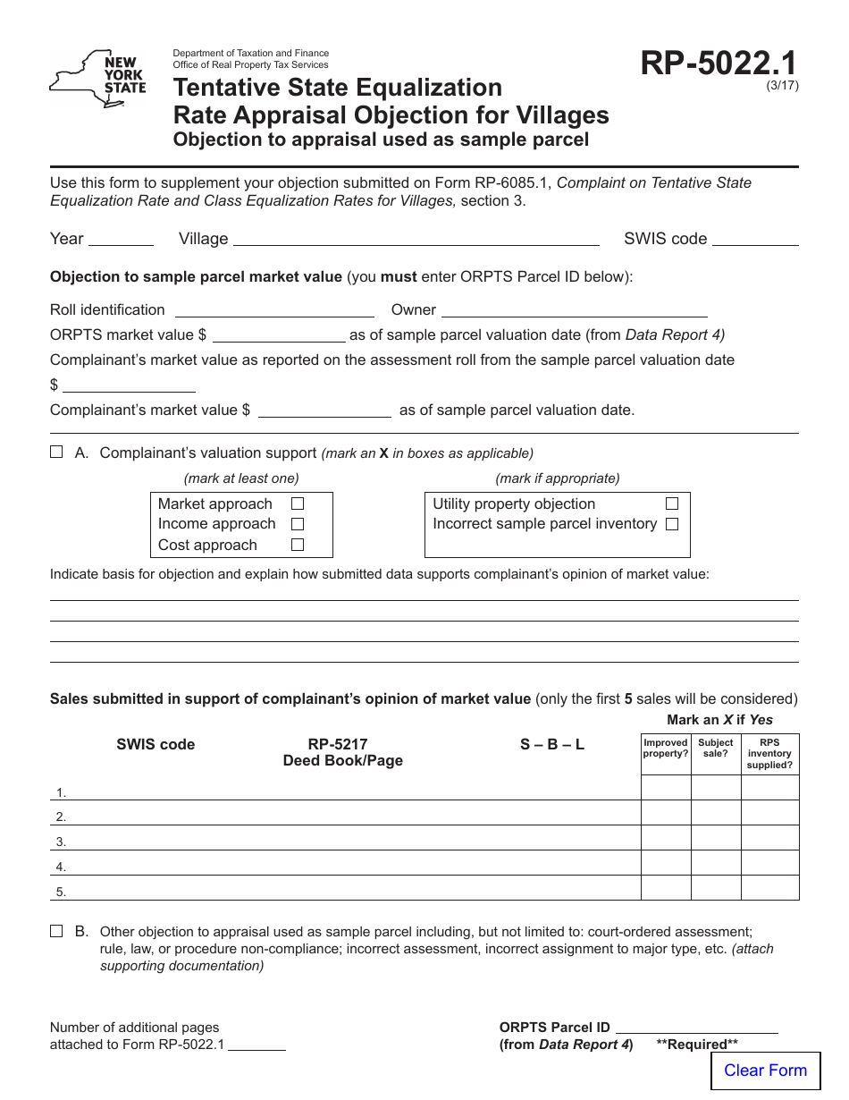 Form RP-5022.1 Tentative State Equalization Rate Appraisal Objection for Villages - New York, Page 1