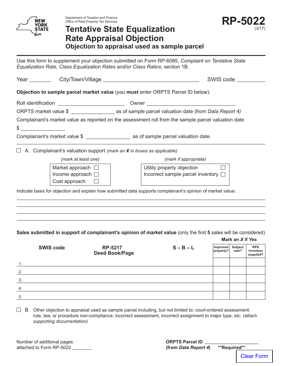 Form RP-5022 Tentative State Equalization Rate Appraisal Objection - New York, Page 1