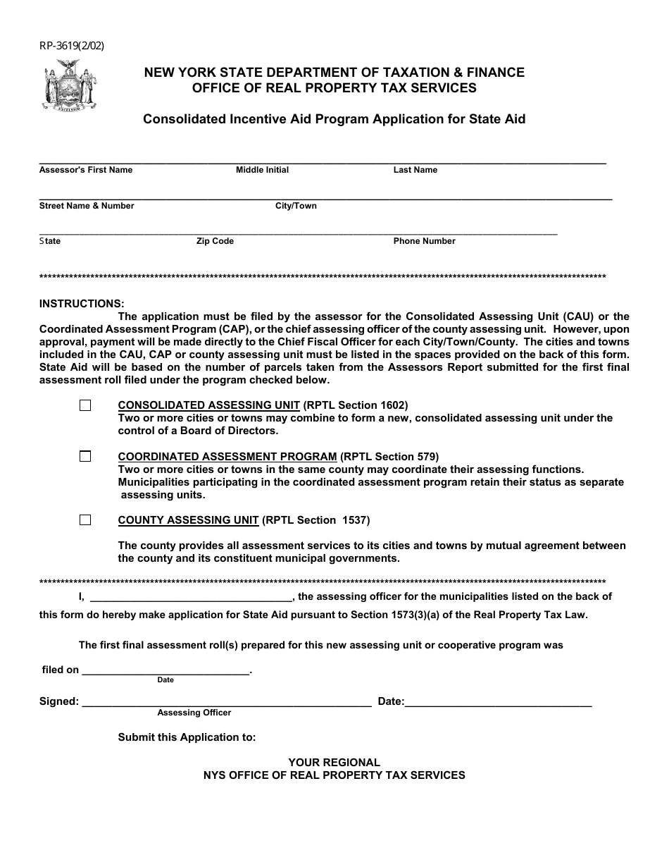 Form RP-3619 Consolidated Incentive Aid Program Application for State Aid - New York, Page 1
