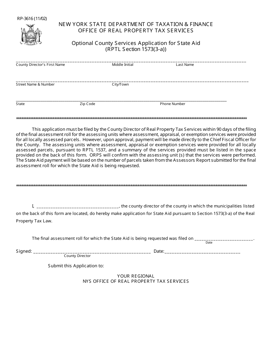 Form RP-3616 Optional County Services Application for State Aid - New York, Page 1