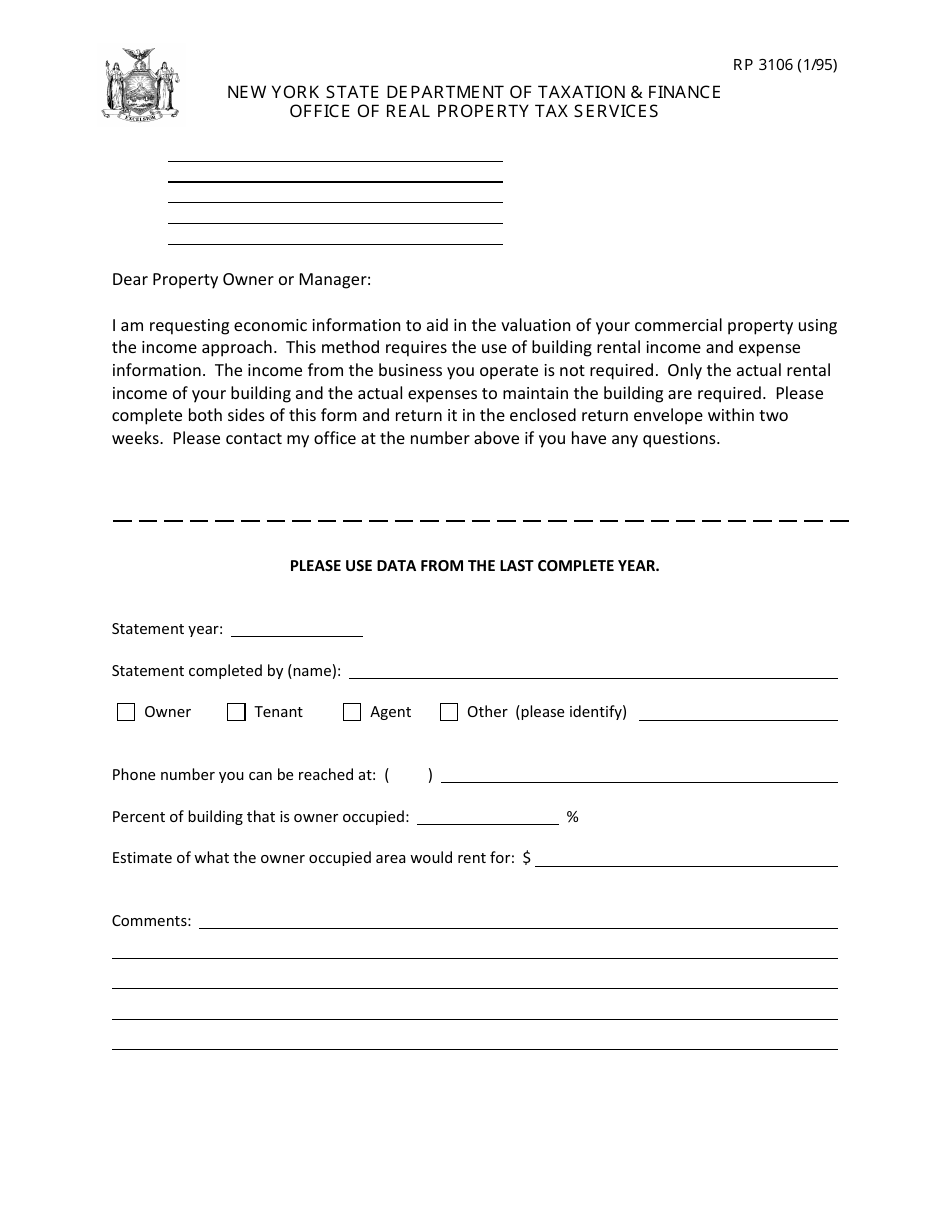 Form RP3106 Economic Information to Aid in Valuation of Commercial Property - New York, Page 1