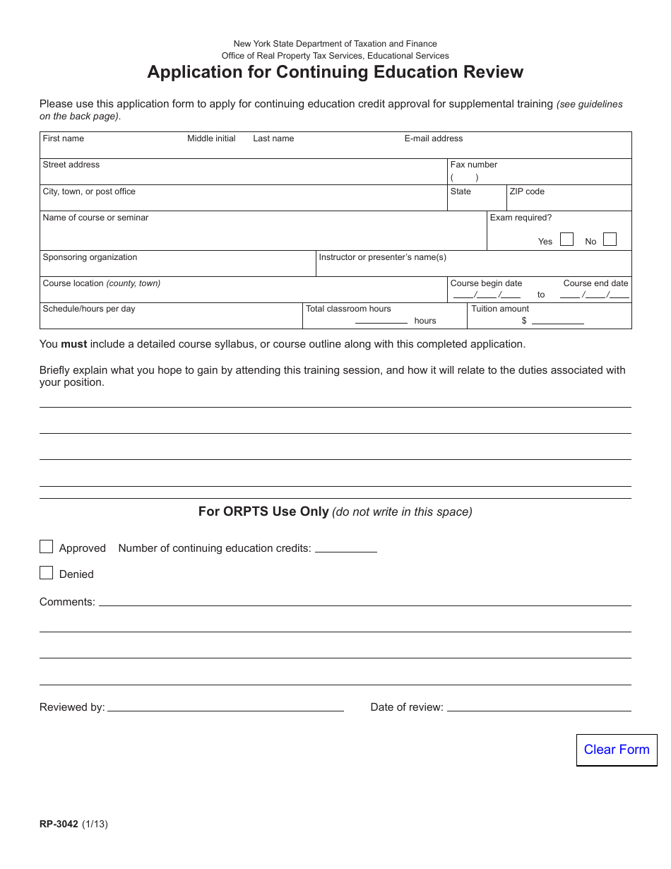 Form RP-3042 Application for Continuing Education Review - New York, Page 1