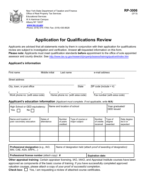 Form RP-3006 Application for Qualifications Review - New York