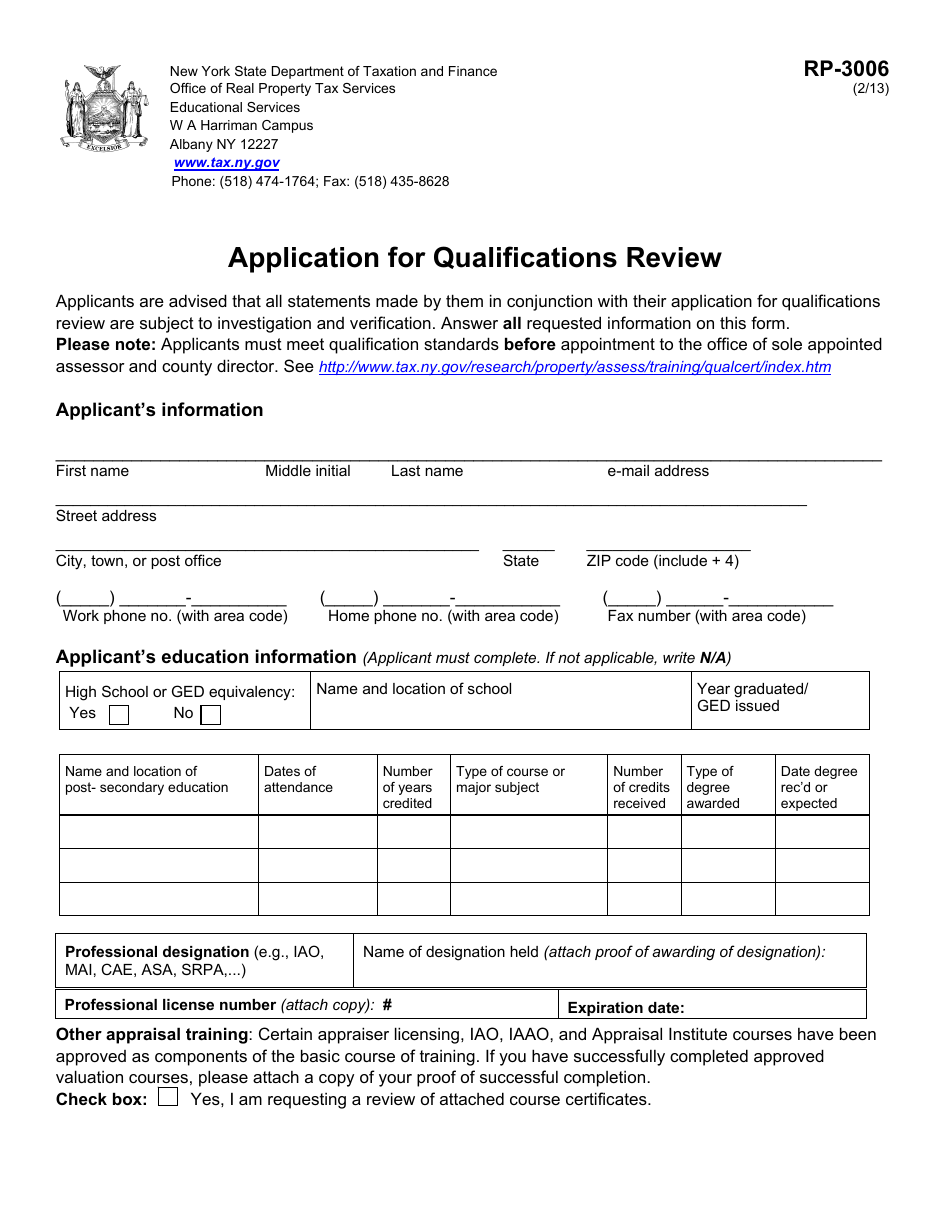 Form RP-3006 Application for Qualifications Review - New York, Page 1