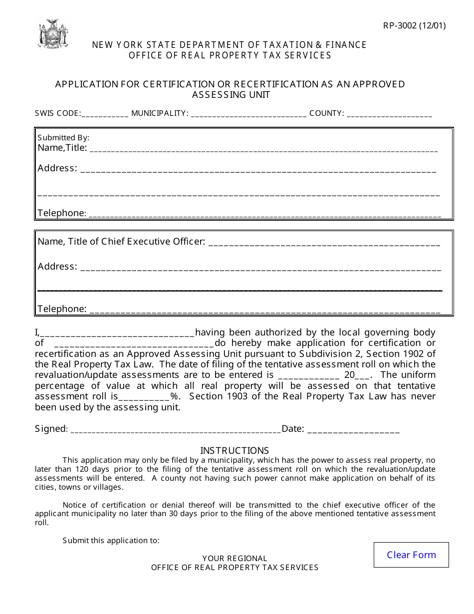 Form RP-3002 Application for Certification or Recertification as an Approved Assessing Unit - New York, Page 1
