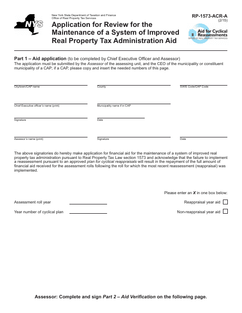 Form RP-1573-ACR-A Application for Review for the Maintenance of a System of Improved Real Property Tax Administration Aid - New York