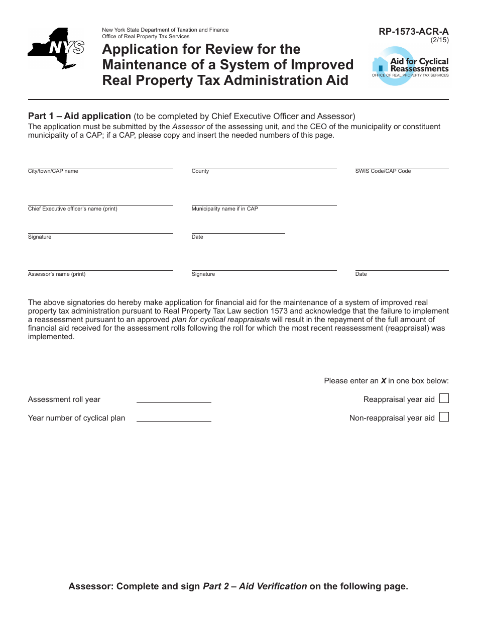 Form RP-1573-ACR-A Application for Review for the Maintenance of a System of Improved Real Property Tax Administration Aid - New York, Page 1