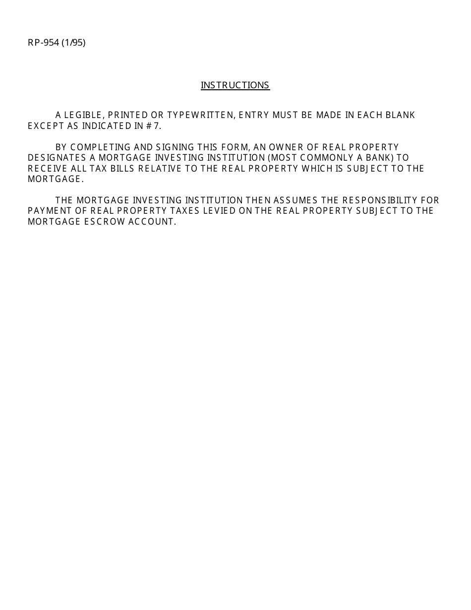 Form RP-954 Tax Escrow Account Designation of Mortgage Investing Institution to Receive Tax Bills - New York, Page 2