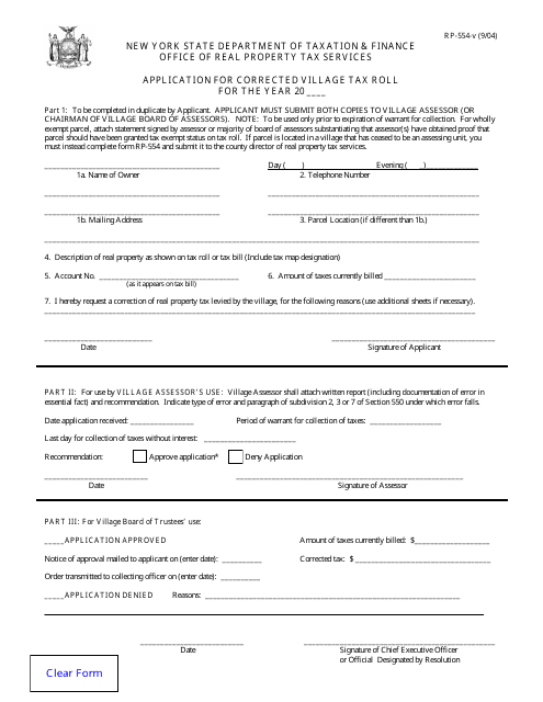 Form RP-554-V Application for Corrected Village Tax Roll - New York