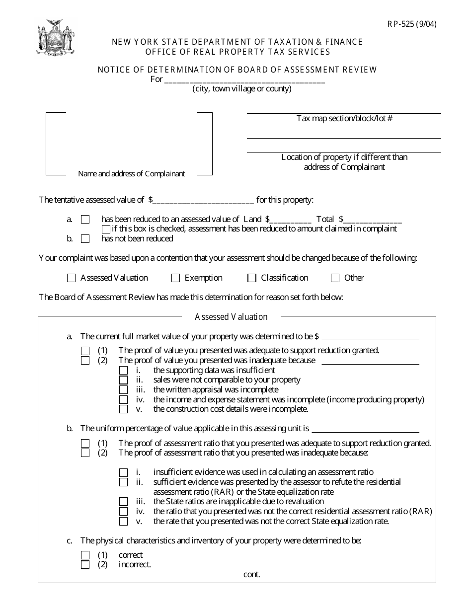 Form RP-525 Notice of Determination of Board of Assessment Review - New York, Page 1