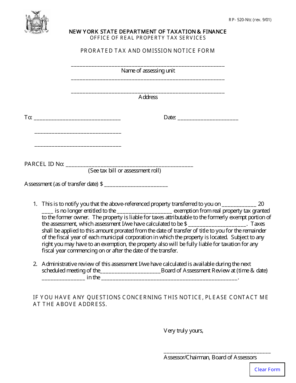 Form RP-520-NTC Prorated Tax and Omission Notice Form - New York, Page 1