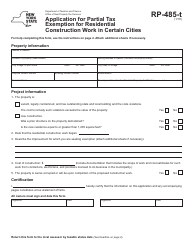 Form RP-485-T Application for Partial Tax Exemption for Residential Construction Work in Certain Cities - New York