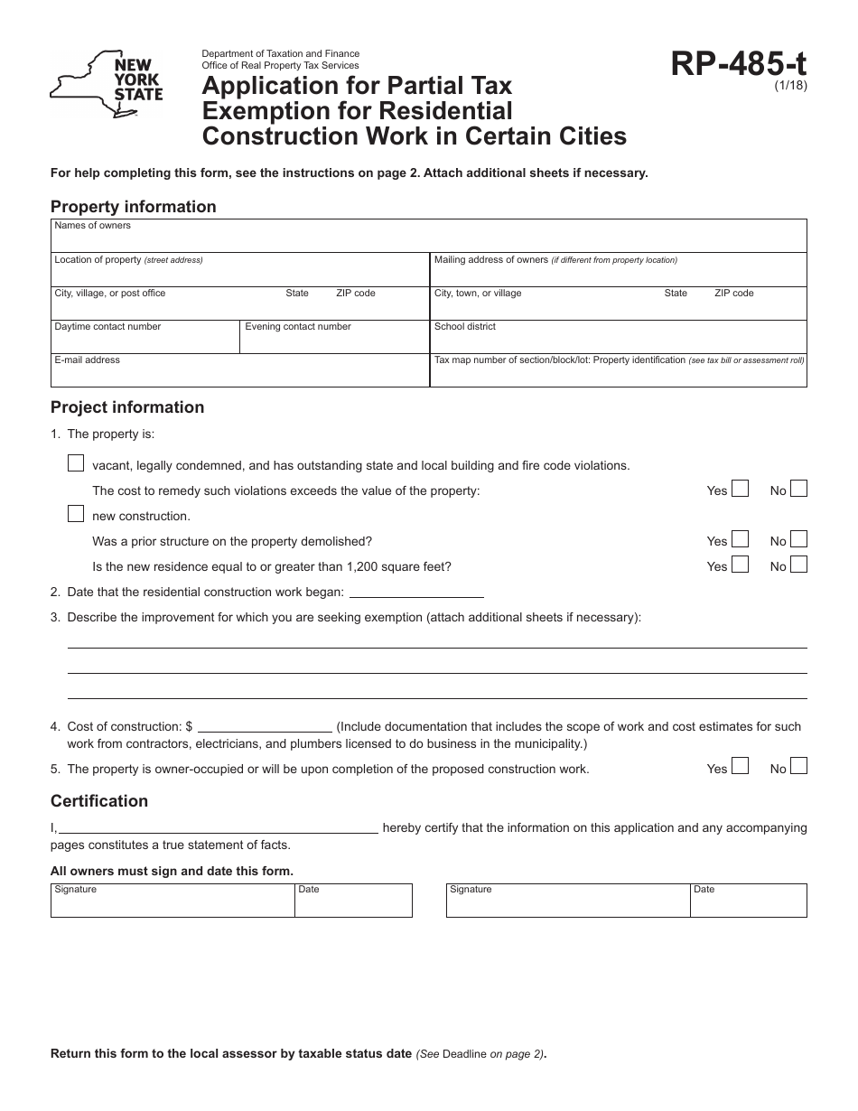 Form RP-485-T Application for Partial Tax Exemption for Residential Construction Work in Certain Cities - New York, Page 1