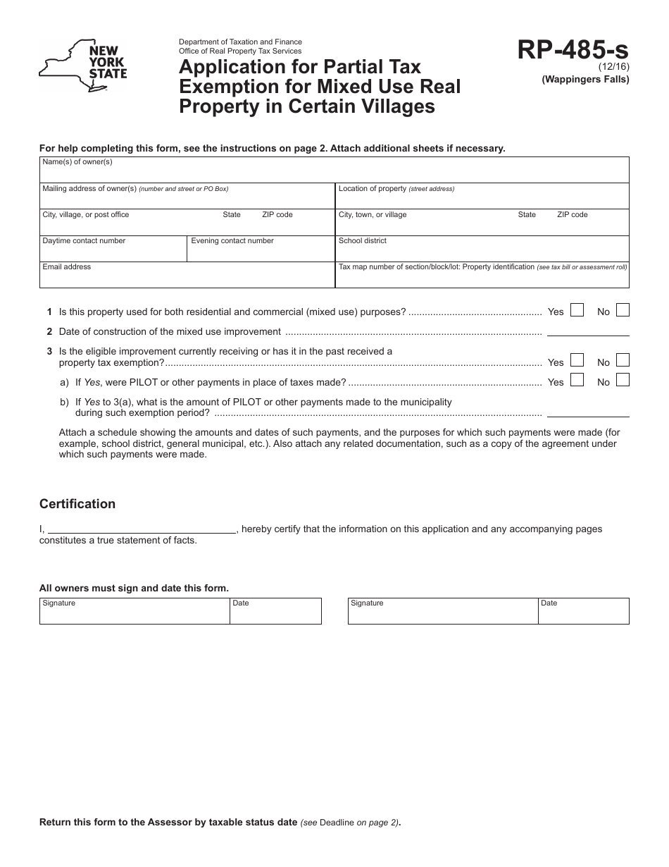 Form RP-485-S Application for Partial Tax Exemption for Mixed Use Real Property in Certain Villages - Village of Wappingers Falls, New York, Page 1