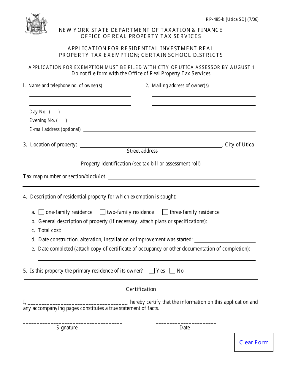 Form RP485K [UTICA SD] Fill Out, Sign Online and Download Fillable