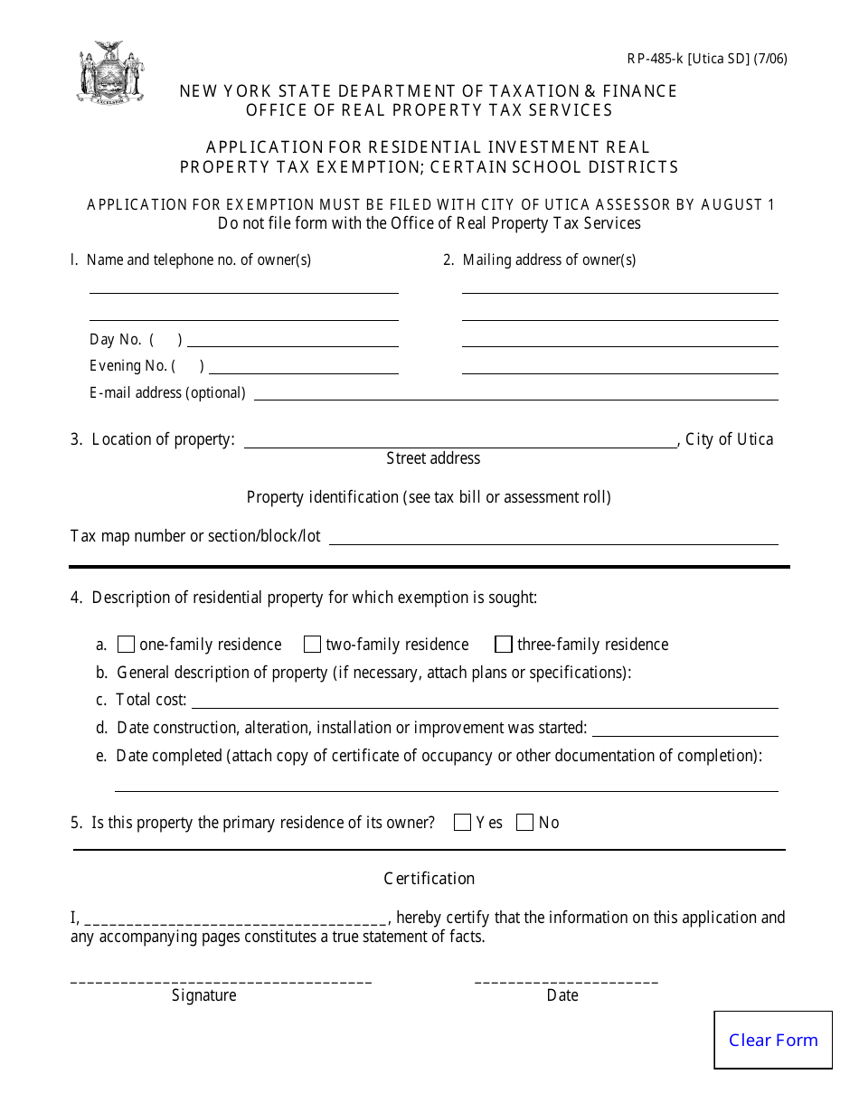 Form RP-485-K [UTICA SD] Application for Residential Investment Real Property Tax Exemption; Certain School Districts - City of Utica, New York, Page 1