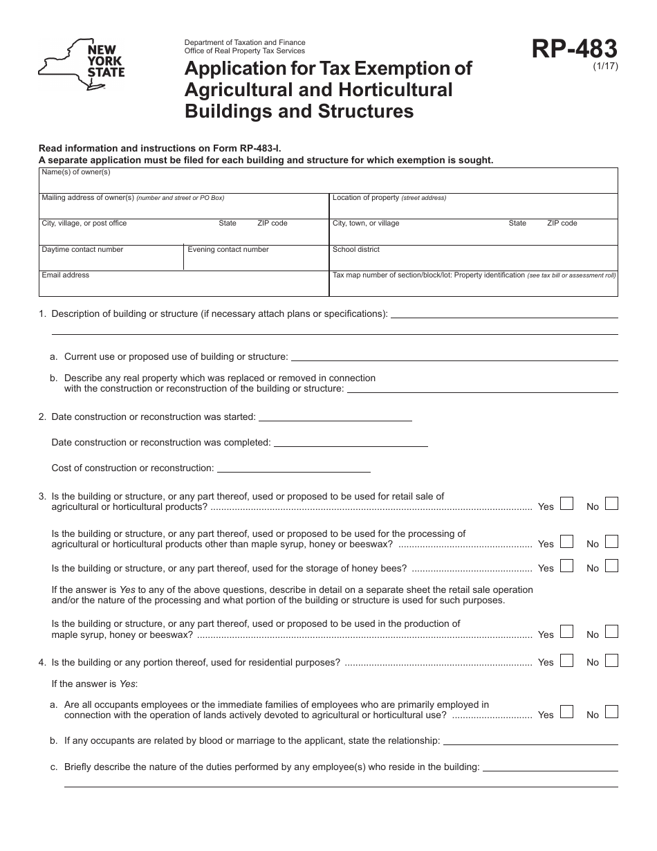 Form RP-483 Application for Tax Exemption of Agricultural and Horticultural Buildings and Structures - New York, Page 1