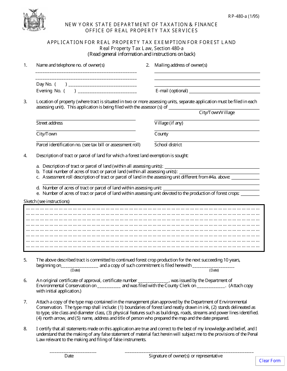 Form RP-480-A Application for Real Property Tax Exemption for Forest Land - New York, Page 1