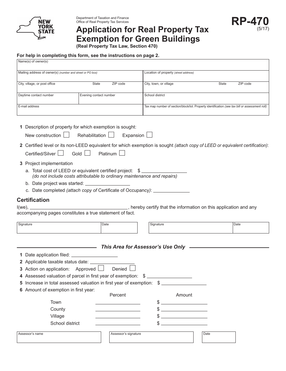 Form RP-470 Application for Real Property Tax Exemption for Green Buildings - New York, Page 1