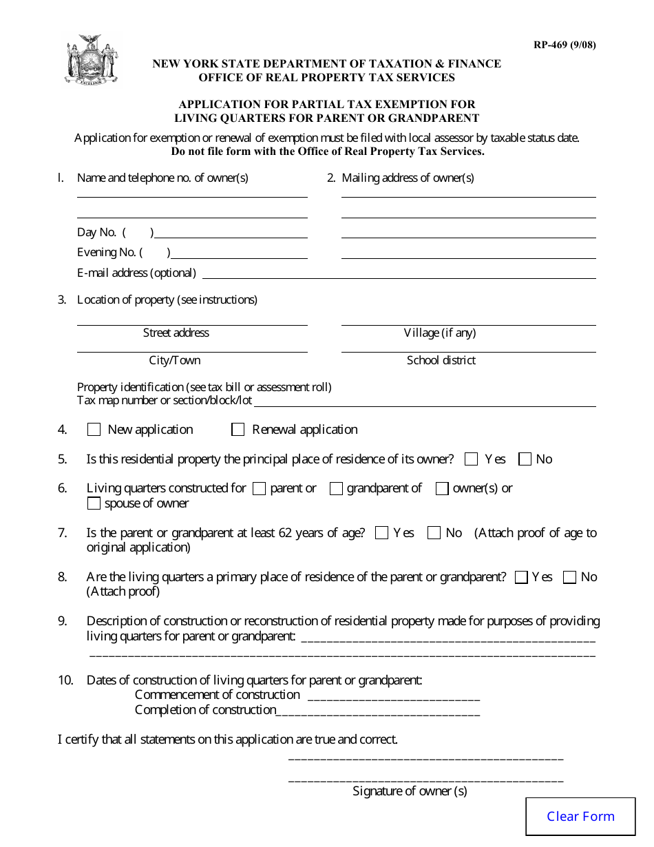 Form RP-469 Application for Partial Tax Exemption for Living Quarters for Parent or Grandparent - New York, Page 1