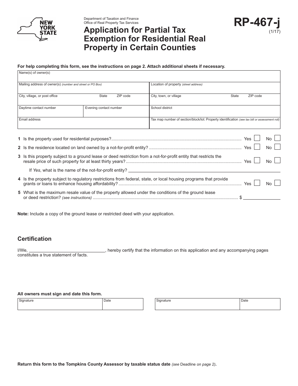 Form RP-467-J Application for Partial Tax Exemption for Residential Real Property in Certain Counties - New York, Page 1