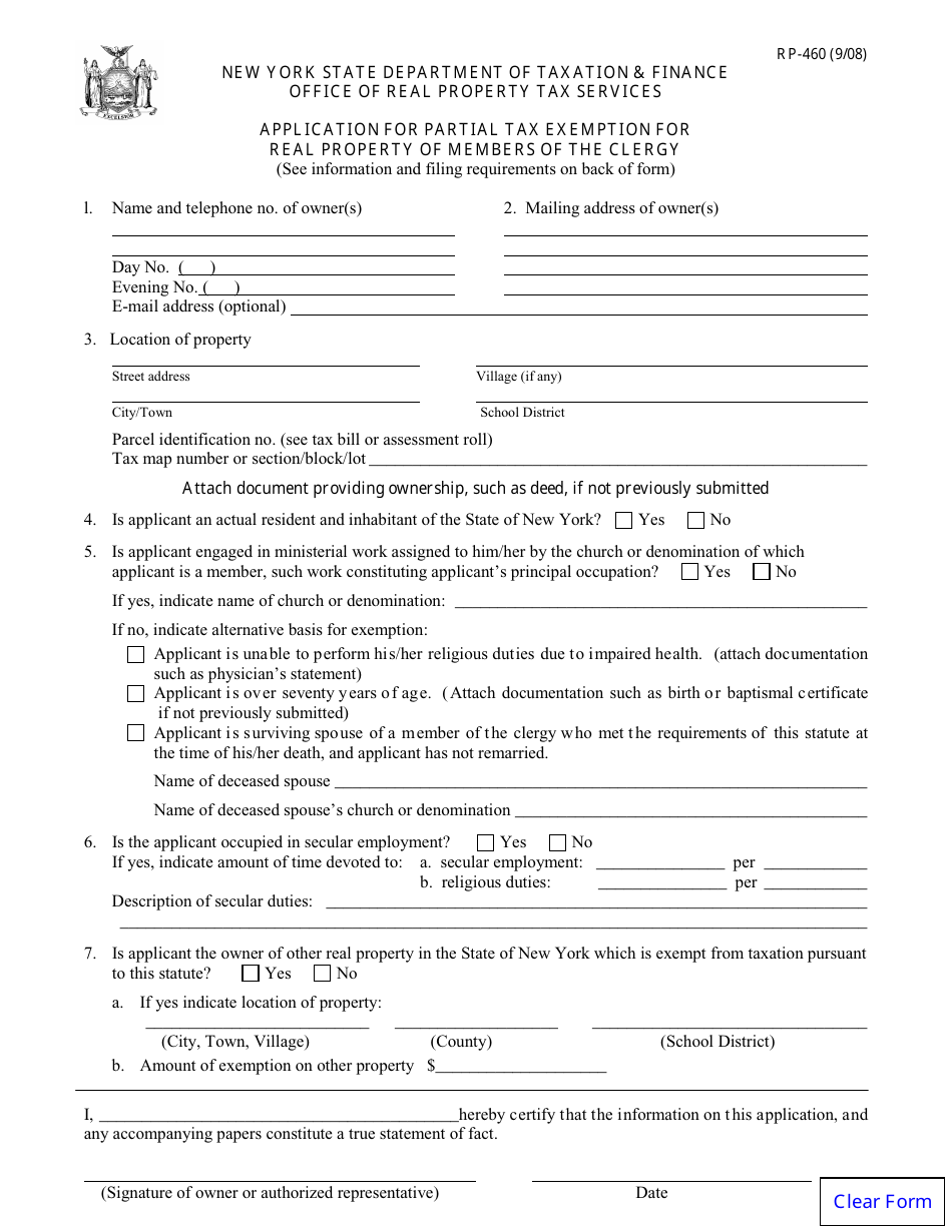 Form RP-460 Application for Partial Tax Exemption for Real Property of Members of the Clergy - New York, Page 1