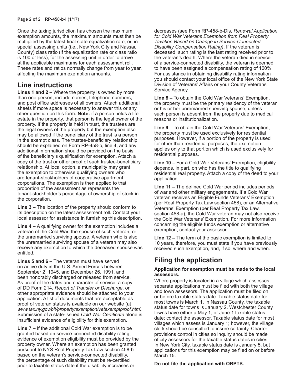 Instructions for Form RP-458-B Application for Cold War Veterans Exemption From Real Property Taxation - New York, Page 2